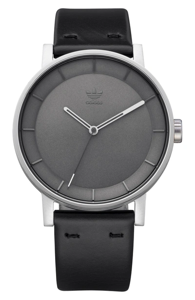 Adidas Originals District Leather Strap Watch, 40mm In Black/ Charcoal/ Silver