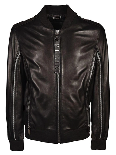 Philipp Plein Embossed Logo Leather Jacket In Nero