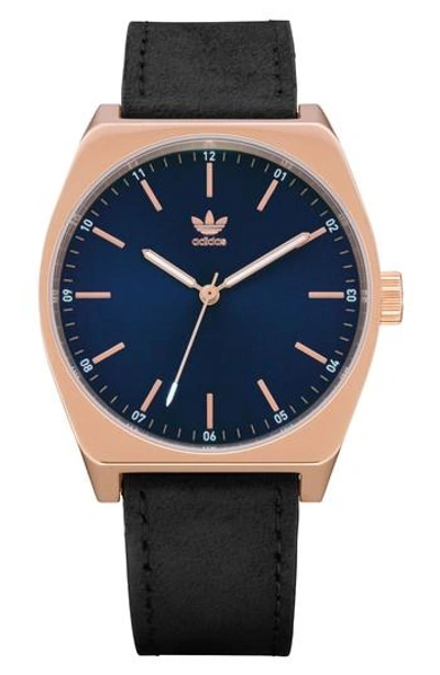 Adidas Originals Process Leather Strap Watch, 38mm In Rose Gold/ Navy/ Black