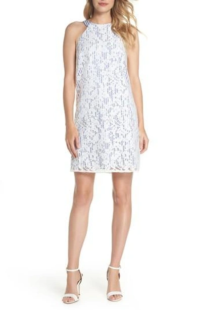 Maggy London Pinstripe Lace Overlay Shift Dress In White/ Blue