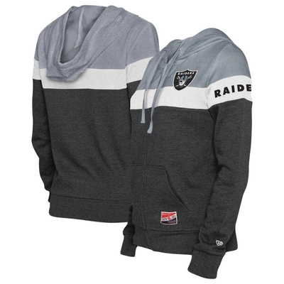 New Era Women's  Black, Silver Las Vegas Raiders Throwback Colorblock Full-zip Hoodie In Black,silver