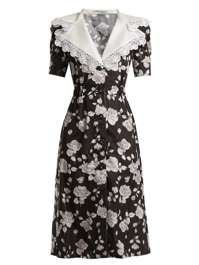 Alessandra Rich Rose-print Lace-trimmed Dress In Black