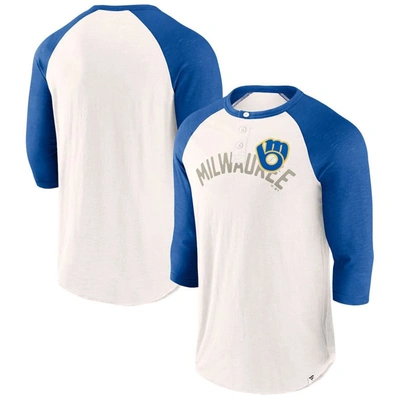 Fanatics Branded White/royal Milwaukee Brewers Backdoor Slider Raglan 3/4-sleeve T-shirt In White,royal