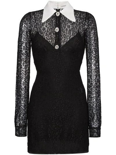 Alessandra Rich Silk Mini Lace Dress With Contrast Collar In Black