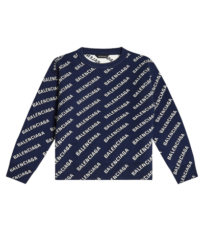 Balenciaga Kids' Logo Cotton Blend Crewneck Sweater In 네이비,화이트