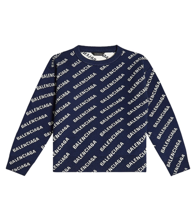 Balenciaga Kids' Logo Cotton Blend Crewneck Jumper In 네이비,화이트