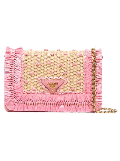 Prada Leather And Raffia Shoulder Bag In Pink