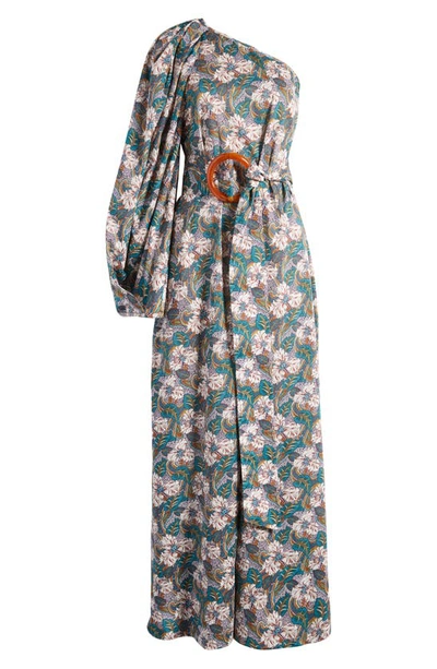 Nackiyé Great Escape Floral One-shoulder Belted Maxi Dress In Green Oasis