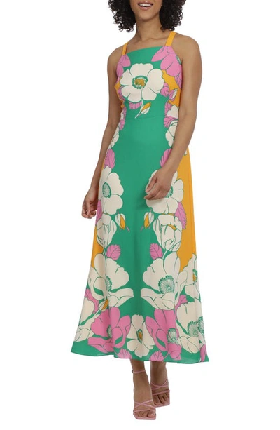 green emerald velvet dress Maggy London V-Neck Sleeveless Tie Waist Gathered Side Floral Print Jersey  Dress
