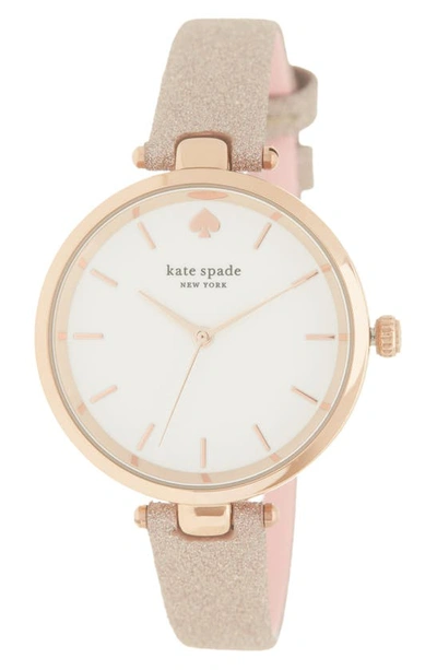 Kate Spade Holland Three-hand Rose Gold-tone Glitter Leather Watch, 34mm