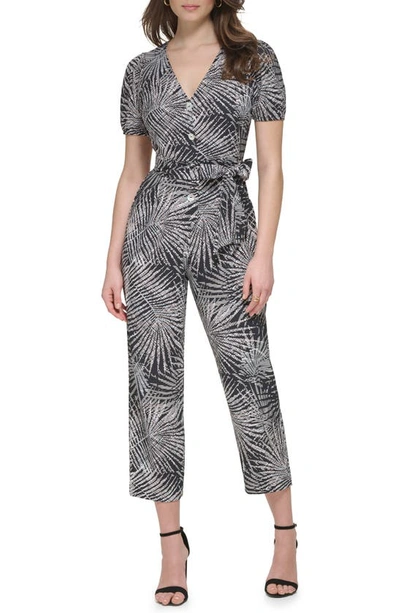 Kensie Palm Printed Short Sleeve Jumpsuit In Black Multi