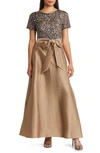 Pisarro Nights Beaded Bodice Mixed Media Gown In Mocha