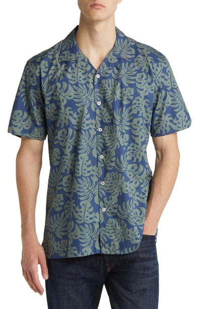 North Sails Leaf Print Short Sleeve Cotton Button-up Shirt In Blue/ Green