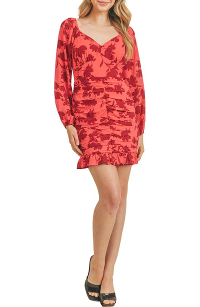Lush Ruched Long Sleeve Dress In Raspberry Red