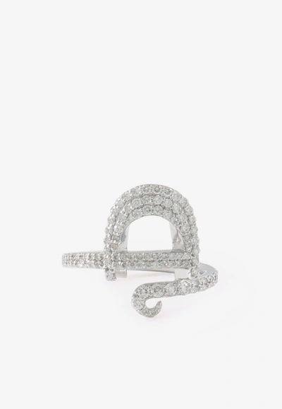 Djihan D Shaped Diamond Ring In 18-karat White Gold In Silver