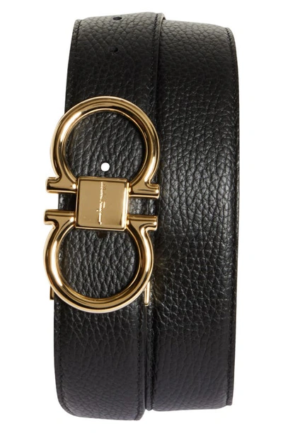 Ferragamo Reversible Double Gancio Leather Belt In Nero Cocoa Brown