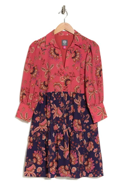 Vince Camuto Colorblock Long Sleeve Tiered Shirtdress In Rose