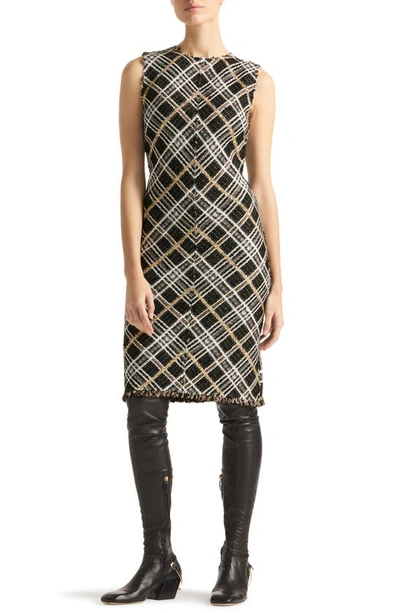 St John Sparkle Eyelash Plaid Knit Dress In Black Ecru Gold