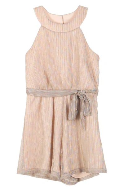 Zunie Kids' Metallic Plissé Romper In Champagne Multi