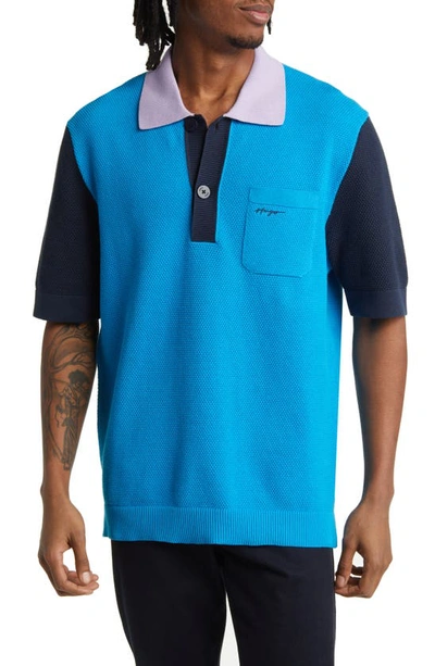 Hugo Boss Straa Oversize Textured Colorblock Pocket Polo In Light Blue