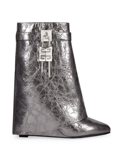 Givenchy Women's Shark Lock Ankle Boots In Laminated Leather In Silvery Grey