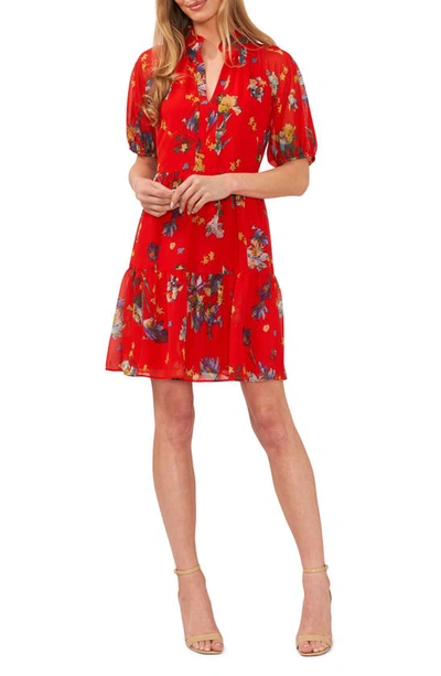 Cece Floral Print Tiered Babydoll Dress In Fiery Red