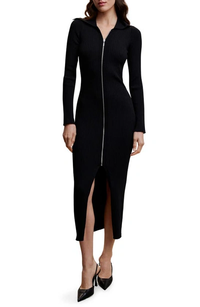 Mango Zip Front Long Sleeve Midi Sweater Dress In Black