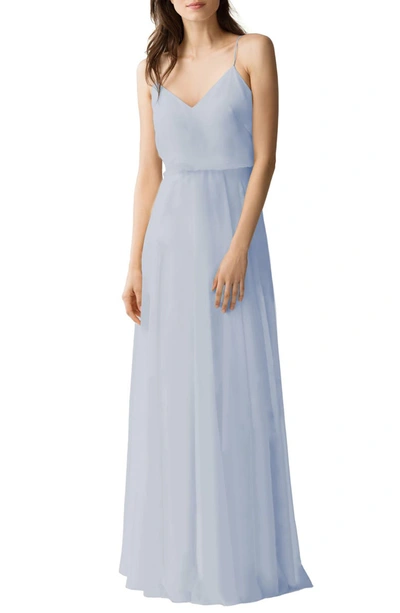 Jenny Yoo Inesse Chiffon V-neck Spaghetti Strap Gown In Whisper Blue