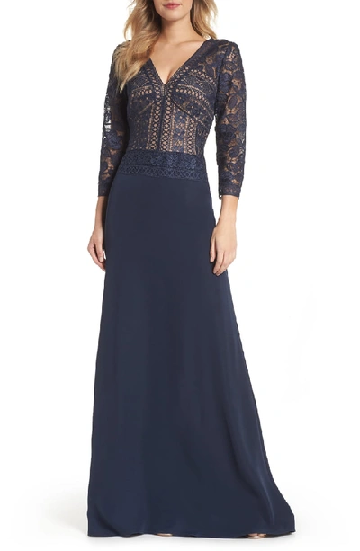 Tadashi Shoji Embroidered Illusion Lace Gown In Navy/ Nude