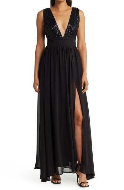 Love By Design Daphne Sequin Top V-plunge Maxi Dress In Black