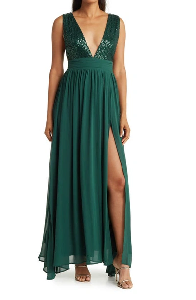 Love By Design Daphne Sequin Top V-plunge Maxi Dress In Emerald