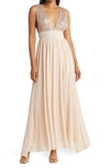 Love By Design Daphne Sequin Top V-plunge Maxi Dress In Champagne