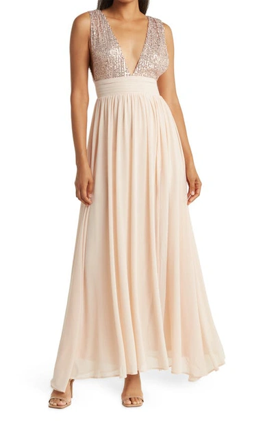 Love By Design Daphne Sequin Top V-plunge Maxi Dress In Champagne