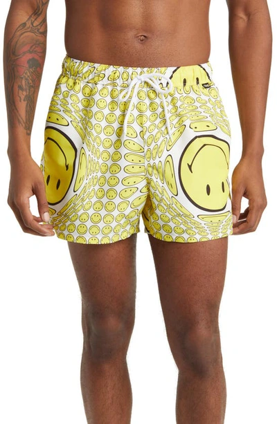 Asos Design X Smiley Swim Trunks In Yellow Multi