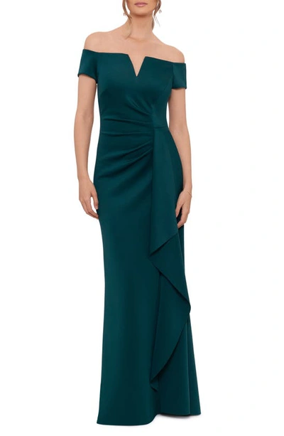 Xscape Off The Shoulder Scuba Crepe Gown In Hunter