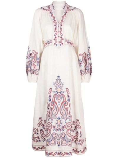 Zimmermann Devi Embroidered Long Sleeve Wrap Linen Midi Dress In White