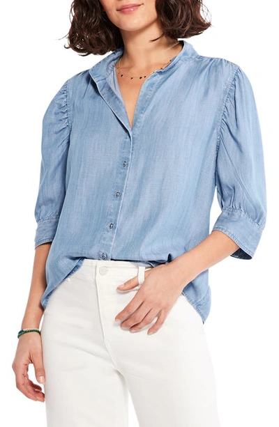 Nic + Zoe Puff Sleeve Chambray Button-up Blouse In Multi