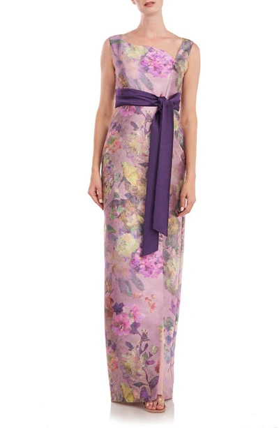 Kay Unger Cosette Floral Print Column Gown In Woodrose Multi