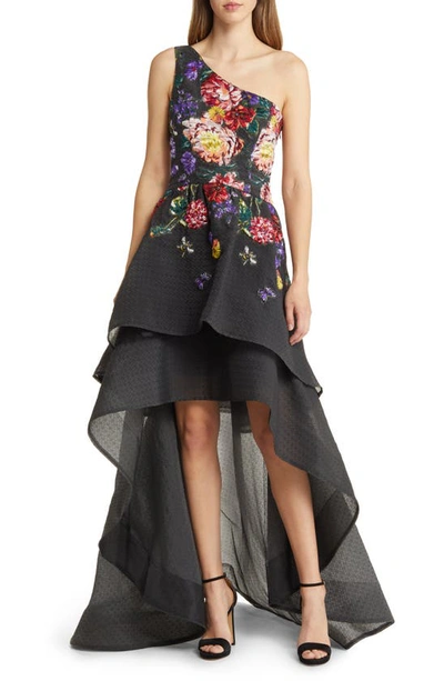 Marchesa Notte Floral Degrade Tiered High-low Cocktail Dress In Black/ Pink