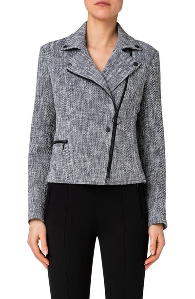 Akris Punto Fitted Tweed Top Jacket With Asymmetric Zipper In Black Cream