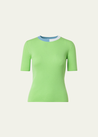 Akris Punto Colorblock Ribbed Knit Wool Top In Lime Green Sky