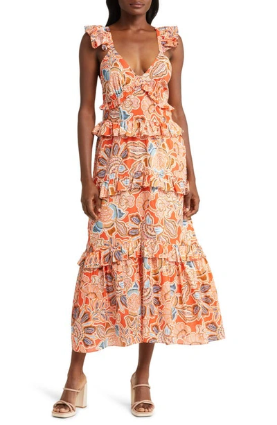 Misa Morrison Sleeveless Floral Poplin Tiered Ruffle Midi Dress In Tangerine Flora