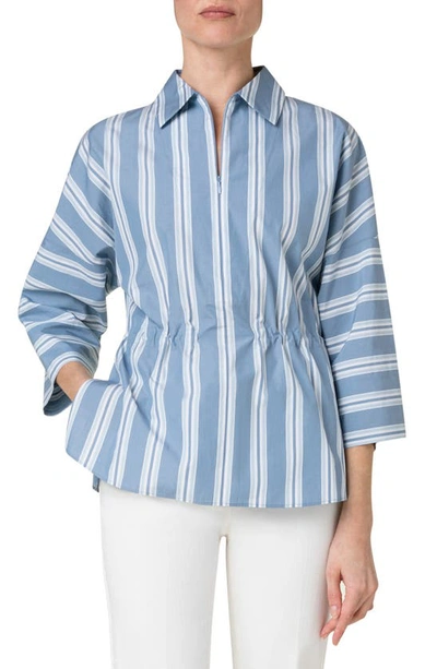 Akris Punto Parasol Striped Cotton Blouse With Zip Front In Pale Blue