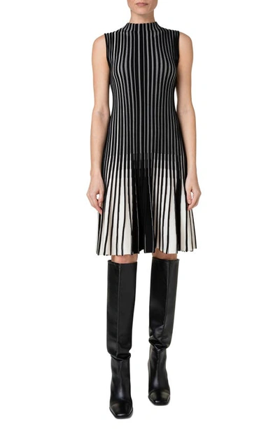 Akris Punto Structured Stripes Wool Knit Short Dress In Black Cream