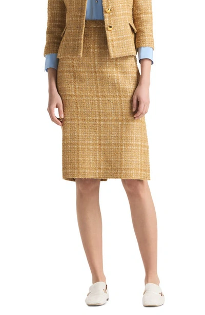 St John Tonal Soft Check Tweed Side-slit Midi Skirt In Tan Multi