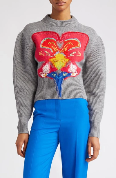 Alexander Mcqueen Wool Crew Jumper With Floral Intarsia Detail In Grey