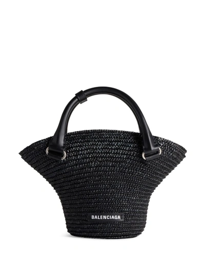 Balenciaga Medium Straw Basket Tote Bag In Black