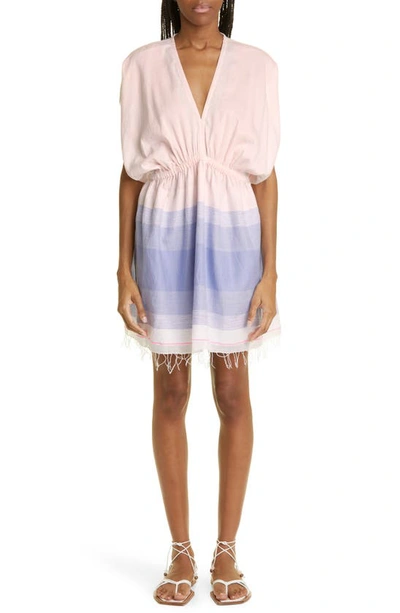 Lemlem Jelba Colorblock Plunge Neck Cotton Blend Dress In Sunrise Sky