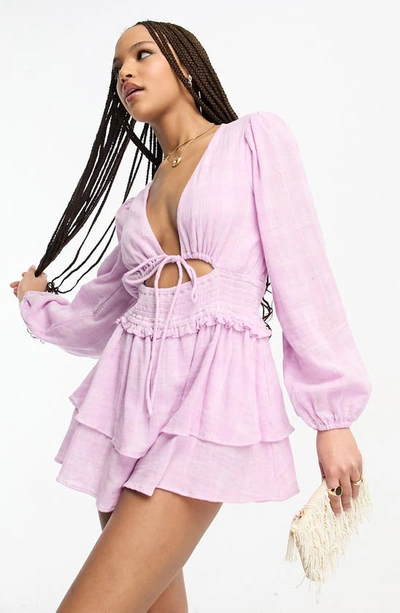 Asos Design Cut Out Ra-ra Romper In Lilac Textured Check-purple