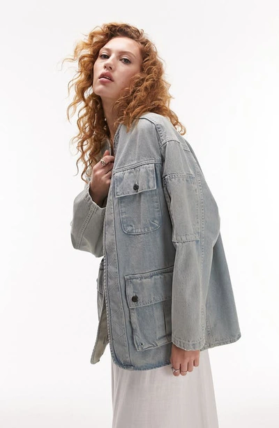 Topshop Denim Cargo Liner Jacket In Authentic Wash-blue